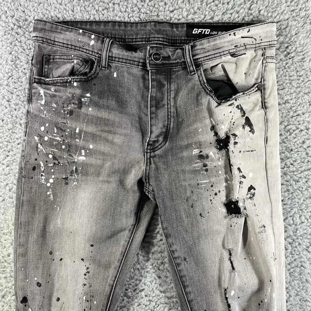 GFTD Los Angeles Mens Skinny Jeans 34x32 Gray Paint Splatter Distressed Ripped
